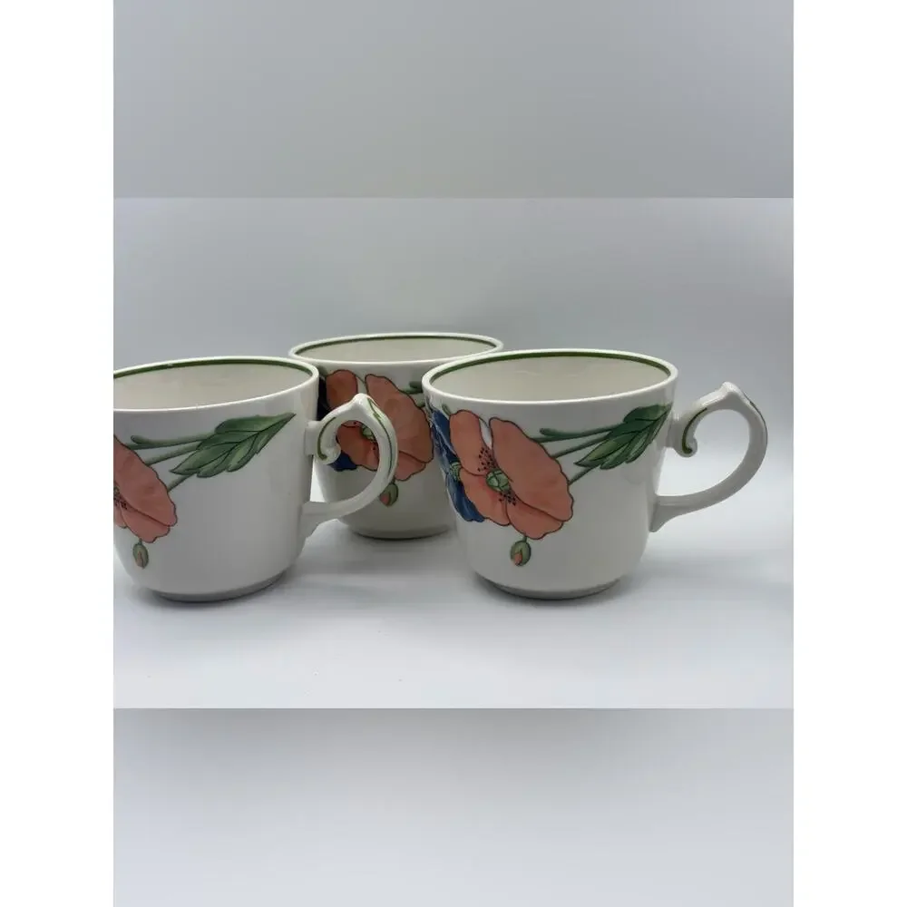 Set of 3 Porcelain Amapola Coffee Cups from Villeroy & Boch, Poppy Flower Mugs